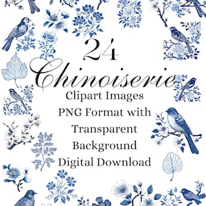 Chinoiserie vogel kunst aan de muur, afdrukbare clipart, vogel png-afbeeldingen, bloemen, digitale download, ontwerp met blauwe en witte bloemen, scrapbooking-afbeelding, B