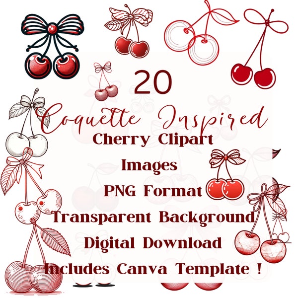 Coquette Cherries, Bows PNG Bundle, Digital Download, Junk Journal, Scrapbooking, Canva Website Template, DIY, Romancecore, Clipart,