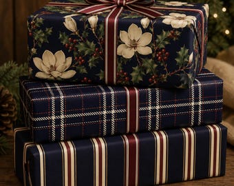 Ralph Lauren Christmas, Heritage Holiday Wrapping Paper Collection, Dark Navy Stripe Gift Wrap, Festive Magnolia Wrapping Paper Roll