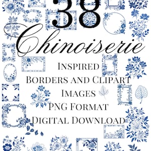 Chinoiserie toile de jouy, Clipart, bloemen png-afbeeldingen, huwelijksuitnodiging, afdrukbaar, scrapbooking-graphics, DIY, junk Journal, Delft,