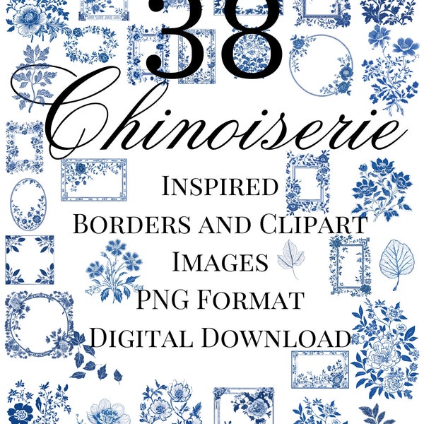 Chinoiserie Clipart, Floral PNG Images, Wedding Invitation, Printable, Scrapbooking Graphics, DIY, Junk Journal, Delft,