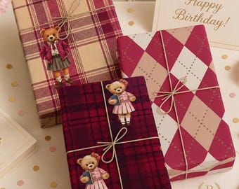 Ralph Lauren Baby Shower, Preppy Pink Bear Wrapping Paper, Teddy Bear Gift Wrap,
