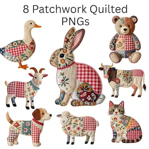 Puede incluir: Ocho PNGs de patchwork acolchado con animales de granja: pato, conejo, oso, cabra, vaca, perro, oveja y gato. Cada animal está hecho con telas florales y cuadros rojos, creando una estética rústica y encantadora.