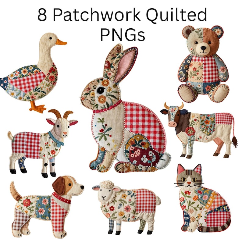 Eight patchwork quilted PNGs featuring various farm animals, including a duck, rabbit, bear, goat, cow, dog, sheep, and cat. Each animal is crafted with a mix of floral and red gingham fabrics, creating a charming, rustic aesthetic.