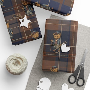 Ralph Lauren Christmas, Dark Tartan Plaid Wrapping Paper, Teddy Bear , Masculine Gift Wrap, Mens Wrapping Paper, Vintage afbeelding 2