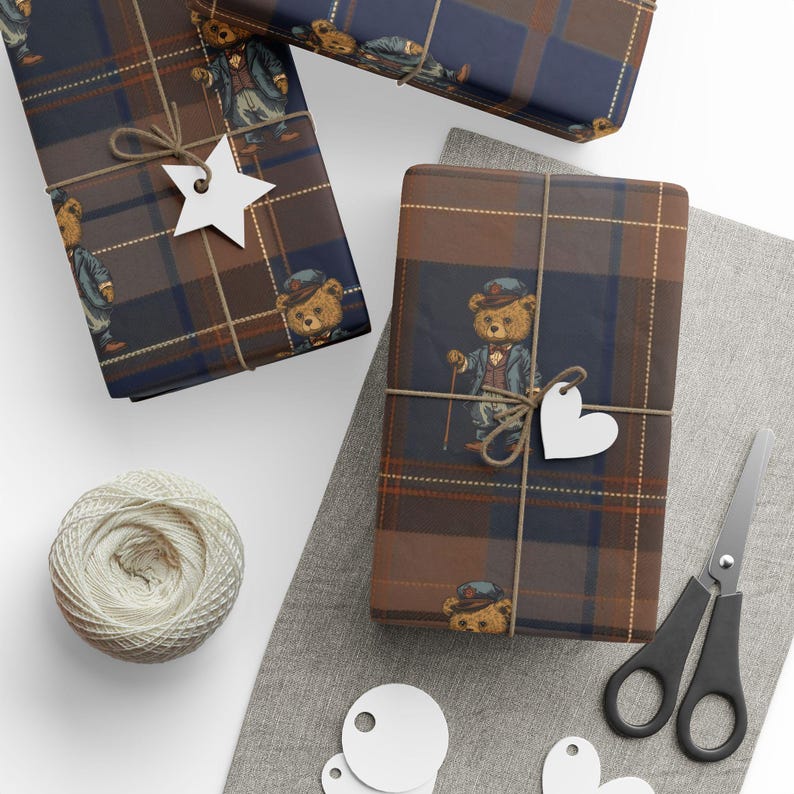 Ralph Lauren Christmas, Dark Tartan Plaid Wrapping Paper, Teddy Bear , Masculine Gift Wrap, Mens Wrapping Paper, Vintage afbeelding 2