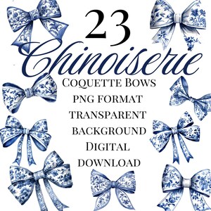Laços Chinoiserie, Toile de Jouy Bow Clipart, Laços Coquette, Imagens PNG Florais, Convite de Casamento, Imprimível, Gráficos, Diário de Junk, Delft,