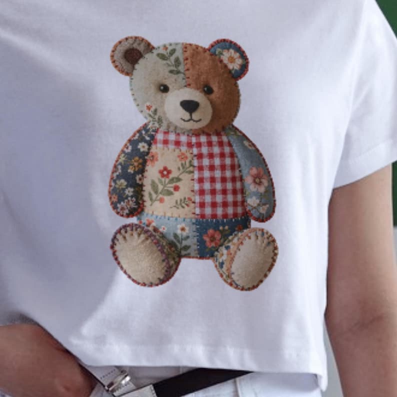 Eight patchwork quilted PNGs featuring various farm animals, including a duck, rabbit, bear, goat, cow, dog, sheep, and cat. Each animal is crafted with a mix of floral and red gingham fabrics, creating a charming, rustic aesthetic.