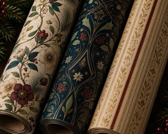 Art Nouveau Christmas Wrapping Paper, Vintage Botanical Holiday Gift Wrap, Holly Filigree Stripe,