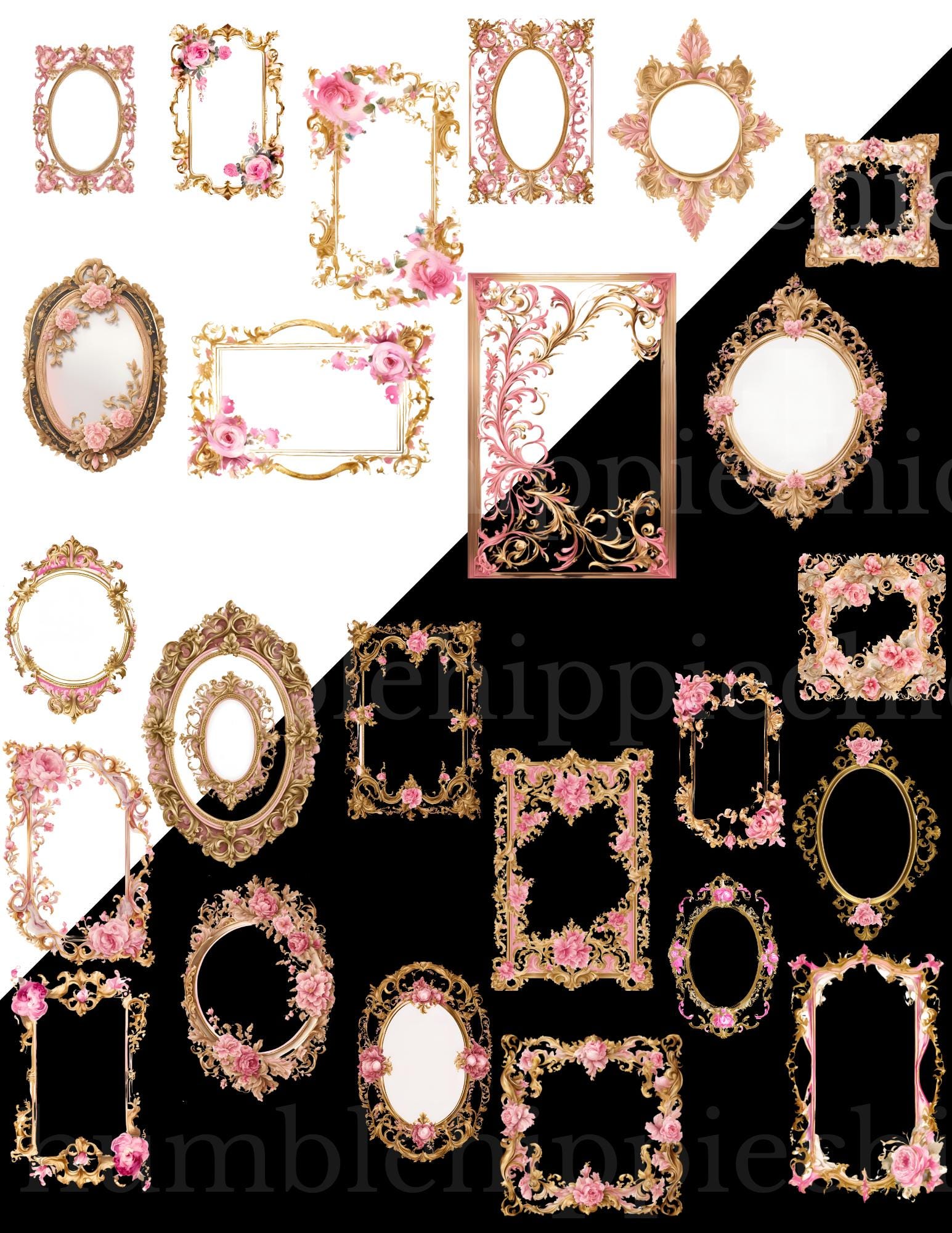 Rococo Pink and Gold Frame Clipart: Baroque PNG Borders (digital ...