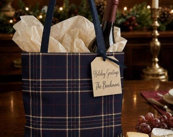 再利用可能なキャンバス製クリスマスギフトバッグ、ネイビーチェック柄パッチワークギフトバッグ、ホリデートートバッグ、赤と緑のクリスマスチェック柄デイリーバッグ