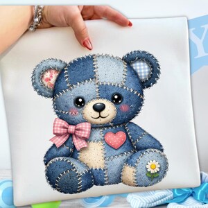 Blue Jean Baby, Patchwork Teddy Bear, Quilted PNG, Bundle, Baby Bear Applique, Nursery Decor,
