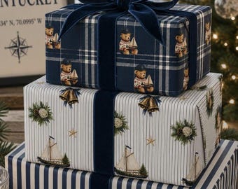 Coastal Christmas Wrapping Paper, Nautical Holiday Gift Wrap, Navy Preppy Christmas, Sailboat Plaid Stripe Beach House Gift Wrap