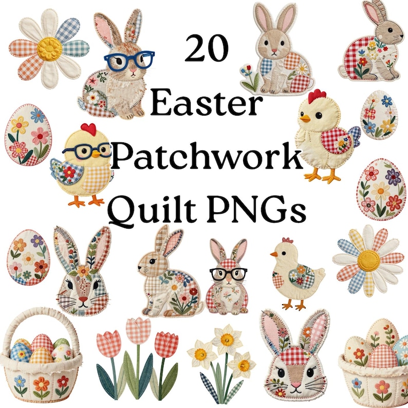 Easter Bunny Patchwork Quilted PNG, Faux Rabbit and Chick Applique ...
