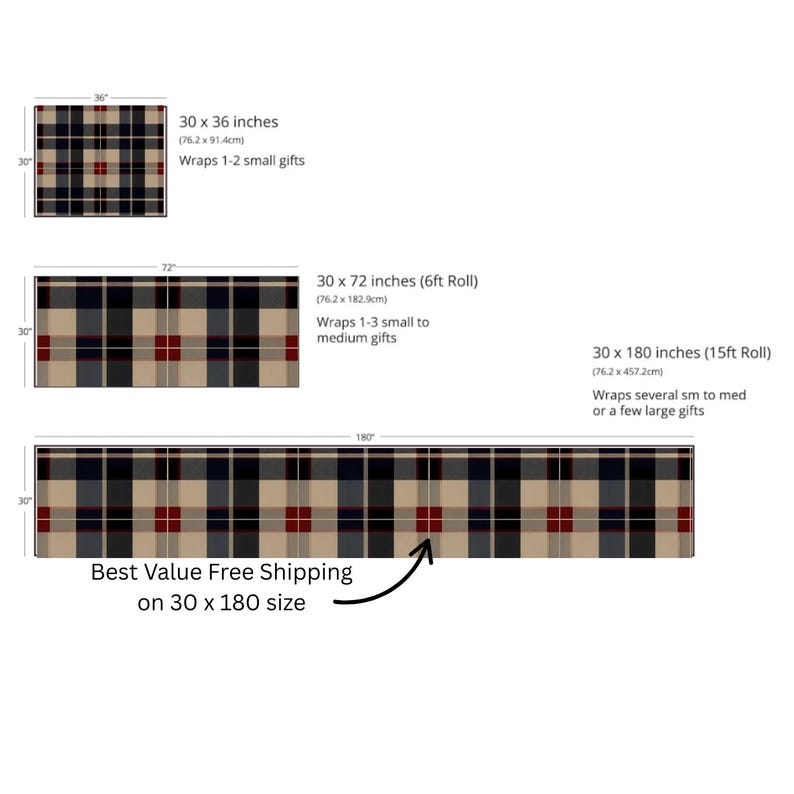 Op de afbeelding: Geruite cadeaupapierrollen in verschillende maten. De rollen zijn 76,2 cm breed en verkrijgbaar in lengtes van 91,4 cm, 182,9 cm en 457,2 cm. Het geruite patroon combineert beige, marine en bordeaux tinten.