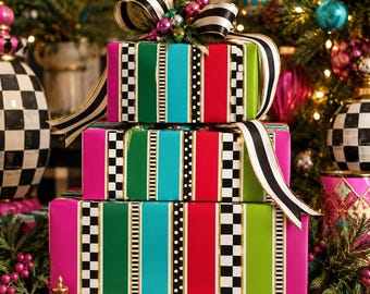 Harlequin Striped Holiday Gift Wrap, Polka Dot and Stripes Birthday Paper, Whimsical Checkerboard Stripe Christmas Wrapping Paper Roll