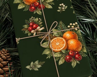 Christmas Fruit Wrapping Paper, Cranberry and Orange Wrapping Paper Roll, Traditional Holiday Decor, Whimsical  Gift Wrap,