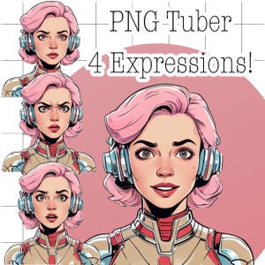 May include: Digital illustration of a woman with pink hair and headphones, displaying four facial expressions. The text "PNG Tuber 4 Expressions!" is above the images. The woman is wearing a futuristic outfit with red and gold accents.