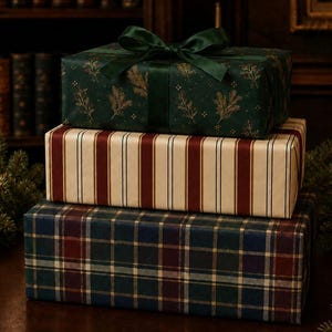 Ralph Lauren Christmas, Heritage Christmas Wrapping Paper Roll, Tartan Plaid Gift Wrap, Burgundy Green Navy Christmas Paper image 2