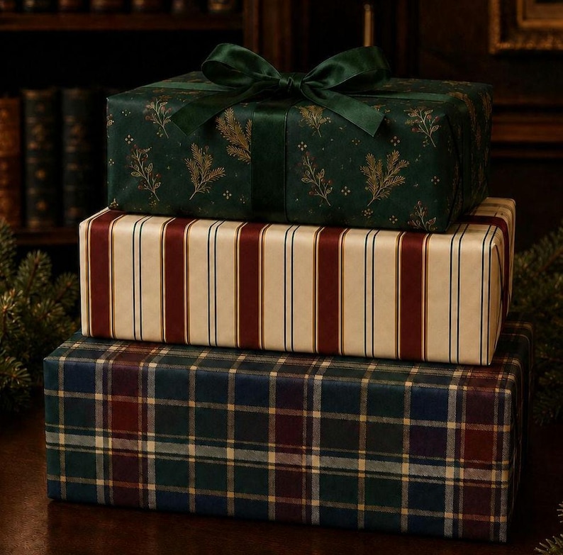 Ralph Lauren Christmas, Heritage Christmas Wrapping Paper Roll, Tartan Plaid Gift Wrap, Burgundy Green Navy Christmas Paper image 2