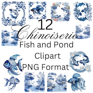Chinoiserie-clipart|Milieuvriendelijke kunst| Aquarel vis, png-bestand | Traditioneel Chinees ontwerp|Blauwe vijverillustraties|Uitnodiging voor junkjournaling