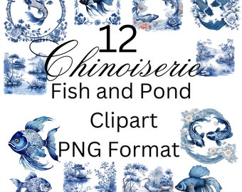 Clipart de estanque de peces estilo chinoiserie: Acuarela azul PNG (Descarga digital)
