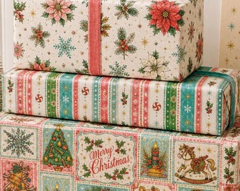Vintage Christmas Wrapping Paper Collection, 1950s Holiday Greeting Cards Inspired Gift Wrap