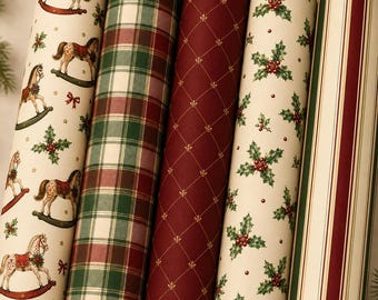 Ralph Lauren Christmas, Heritage Wrapping Paper Roll, Colonial Holiday Gift Wrap, Burgundy and Hunter Green Patterned Papers