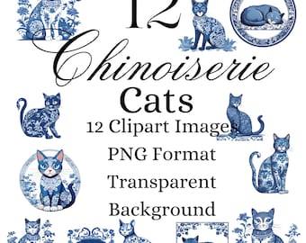 Chinoiserie Cat Clipart, Blue White PNG, Digital Download, Printable Decor, Scrapbooking Illustrations, Graphics, Asian Art Inspired