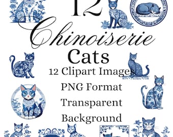 Gato Chinoiserie: Gráficos PNG azules y blancos (Descarga digital)