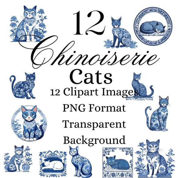 Chinoiserie Cat Clipart: Blue & White PNG Graphics (Digital Download)