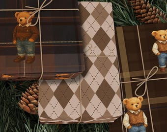 Ralph Lauren Baby Shower, Preppy Teddy Bear Gift Wrap Set, Plaid Wrapping Paper,