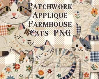 Gatos con patchwork acolchado PNG, gato acolchado, apliques falsos, Apalaches, decoración de casa de campo.
