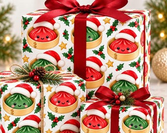 Christmas Dumpling Wrapping Paper, Kawaii Christmas Gift Wrap For Kids, Dumpling Squishy Holiday Paper