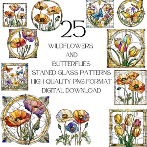 Glasmalerei-Muster, Wildblumen PNG, Frühlingsblumen Schmetterling Clipart, digitaler Download, Dekoration, druckbare Kunst, Suncatcher