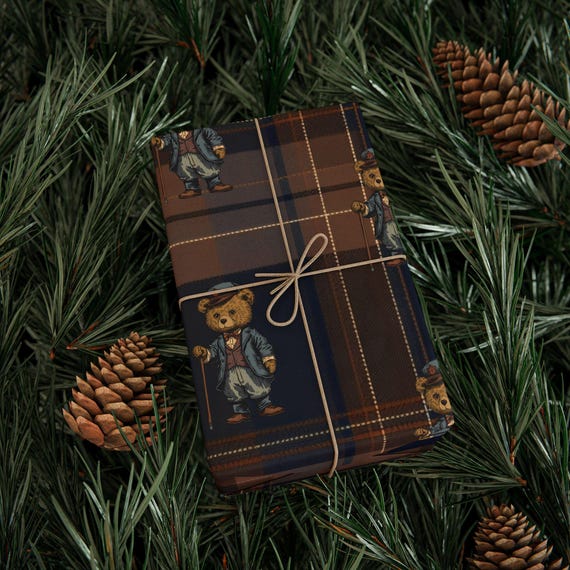 Ralph Lauren Christmas, Dark Tartan Plaid Wrapping Paper, Teddy Bear , Masculine Gift Wrap, Mens Wrapping Paper, Vintage