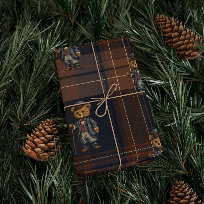 Ralph Lauren Christmas, Dark Tartan Plaid Wrapping Paper, Teddy Bear , Masculine Gift Wrap, Mens Wrapping Paper, Vintage afbeelding 1