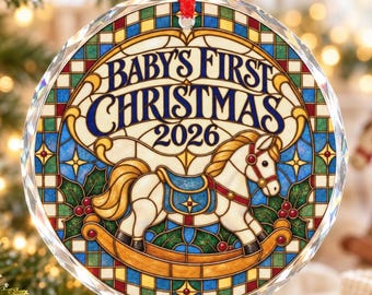 赤ちゃんの初めてのクリスマスガラスオーナメント、ステンドグラスのアールヌーボーフローラルデザイン、パーソナライズされたベビーギフト記念品、