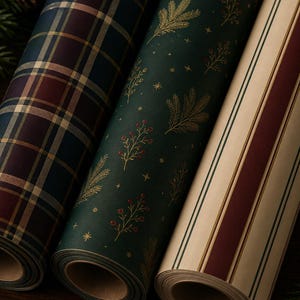Ralph Lauren Weihnachten, Heritage Weihnachtsgeschenkpapierrolle, kariertes Geschenkpapier, burgunderrotes, grünes und marineblaues Weihnachtspapier