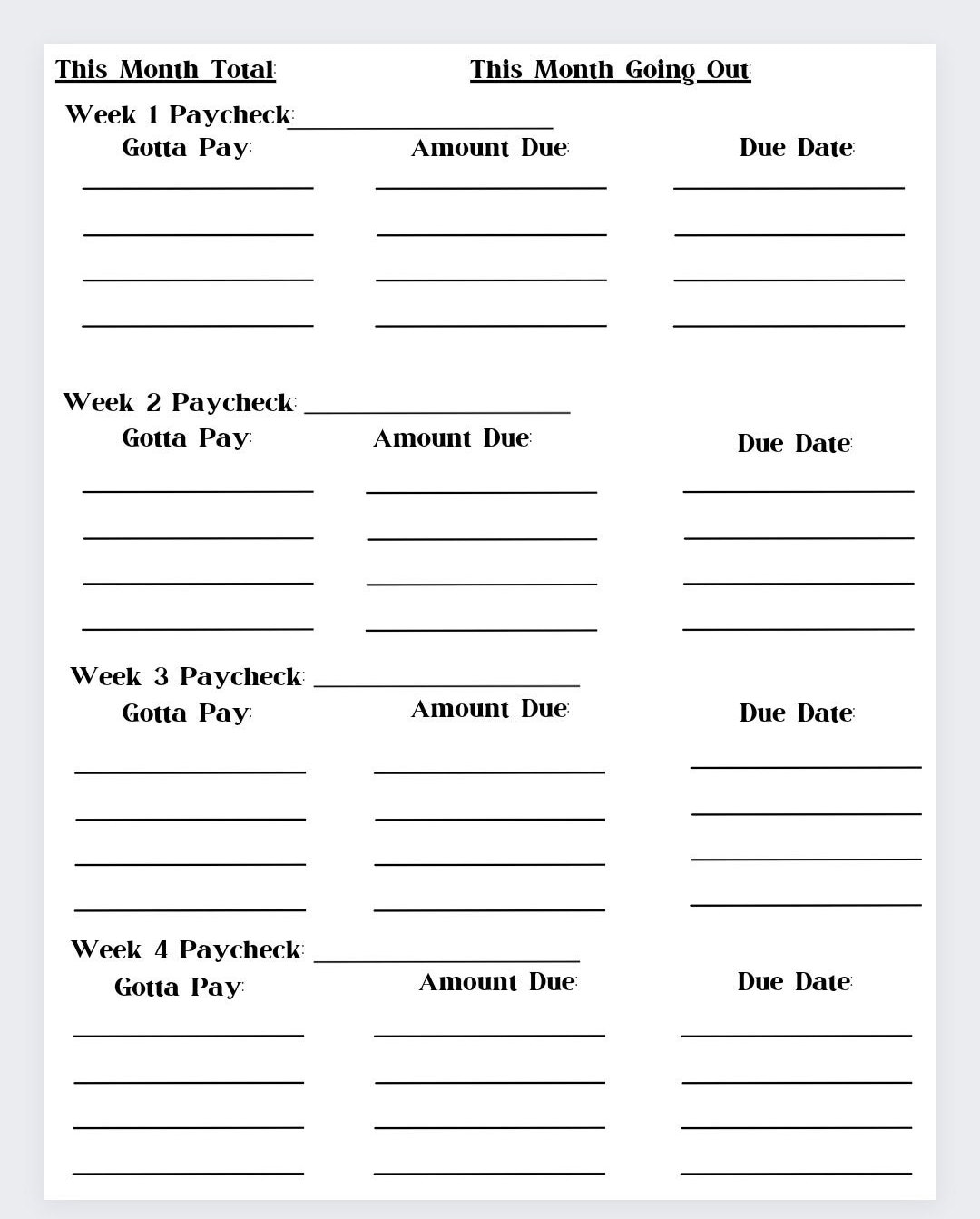 Printable Weekly Bills Due, Personal Finance,instant Download ...
