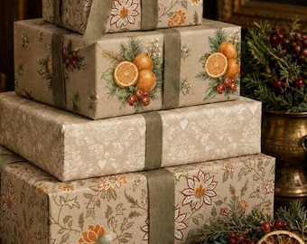 Colonial Style Christmas Wrapping Paper Roll, Vintage Jacobean Botanical Gift Wrap Collection, Orange and Cranberry Colored Gift Wrap