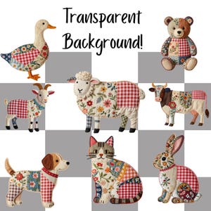 Eight patchwork quilted PNGs featuring various farm animals, including a duck, rabbit, bear, goat, cow, dog, sheep, and cat. Each animal is crafted with a mix of floral and red gingham fabrics, creating a charming, rustic aesthetic.
