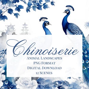 Bundel Chinoiserie-muurkunst, blauwe png-bestanden, grillige pauwen, boho kunst aan de muur, Aziatisch geïnspireerde toile de jouy, panda, aap, otter,