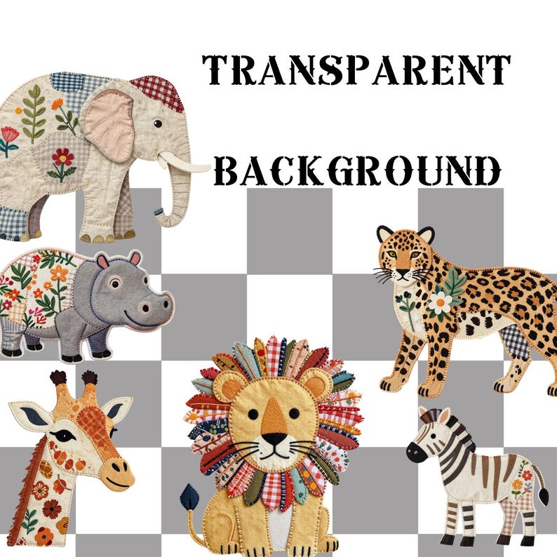 Safari Animals Patchwork Quilted PNG, Elephant Faux Applique, Nursery ...