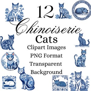 Puede incluir: Doce im&aacute;genes digitales de clip art de gatos chinos azules y blancos en formato PNG con fondos transparentes. Las im&aacute;genes presentan gatos en varias poses, incluyendo sentados, acostados y de pie. Los gatos est&aacute;n decorados con intrincados patrones azules y blancos.