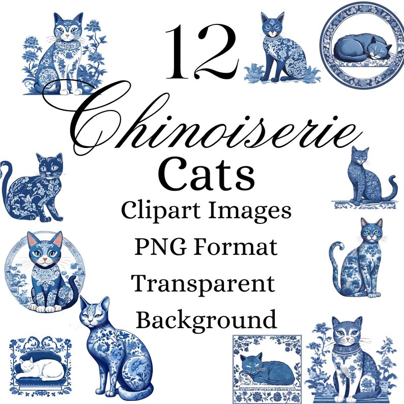 Puede incluir: Doce im&aacute;genes digitales de clip art de gatos chinos azules y blancos en formato PNG con fondos transparentes. Las im&aacute;genes presentan gatos en varias poses, incluyendo sentados, acostados y de pie. Los gatos est&aacute;n decorados con intrincados patrones azules y blancos.