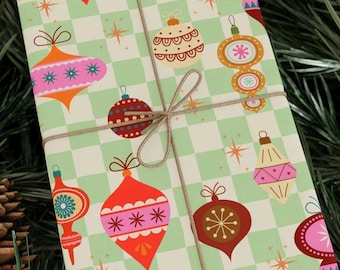 Retro Christmas Wrapping Paper, Vintage 50s style Christmas Ornament Gift Wrap,