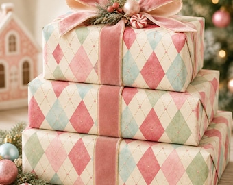 Christmas Candy Argyle Gift Wrap, Pink Pattern Wrapping Paper Roll