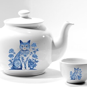 Chinoiserie Cat Wall Art, Clipart, Blue White PNG, Digital Download, Printable Decor, Scrapbooking Illustrations, Graphics, Asian Inspired