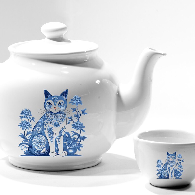 Chinoiserie Cat Wall Art, Clipart, Blue White PNG, Digital Download, Printable Decor, Scrapbooking Illustrations, Graphics, Asian Inspired